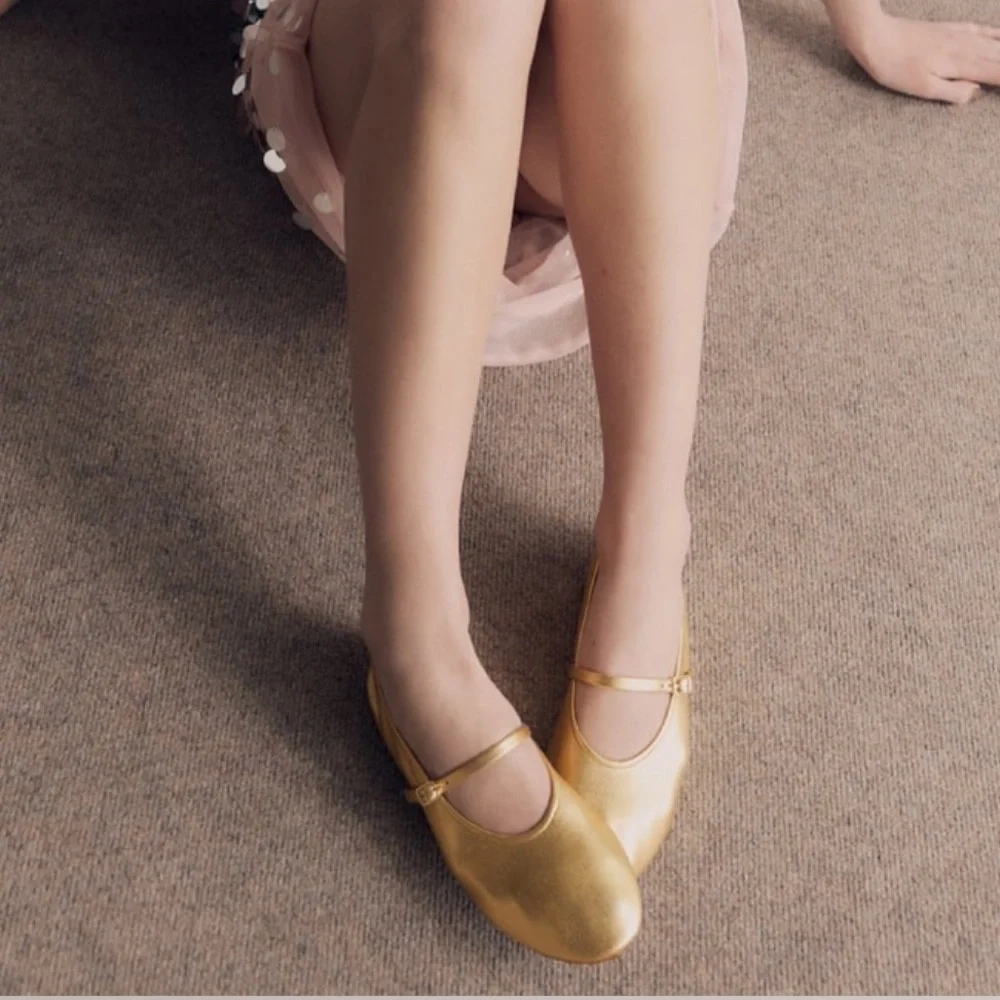 Zara soft leather Mary Jane style ballet flats Gold NWT